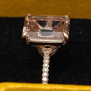 Diamond Emerald Cut Morganite 14kt Rose Gold Engagement Ring Micro Pavé 4 carat